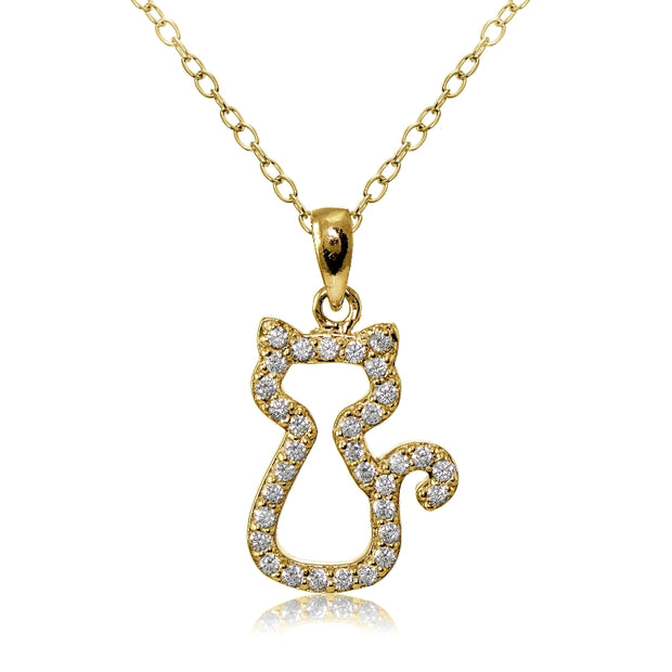 Yellow Gold Flashed Sterling Silver Cubic Zirconia Kitten Cat Necklace