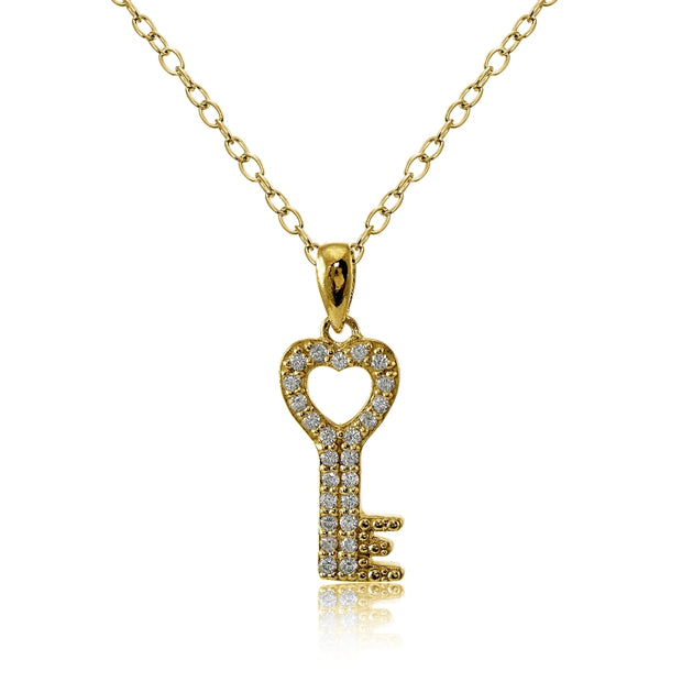 Yellow Gold Flashed Sterling Silver Cubic Zirconia Heart Key Necklace