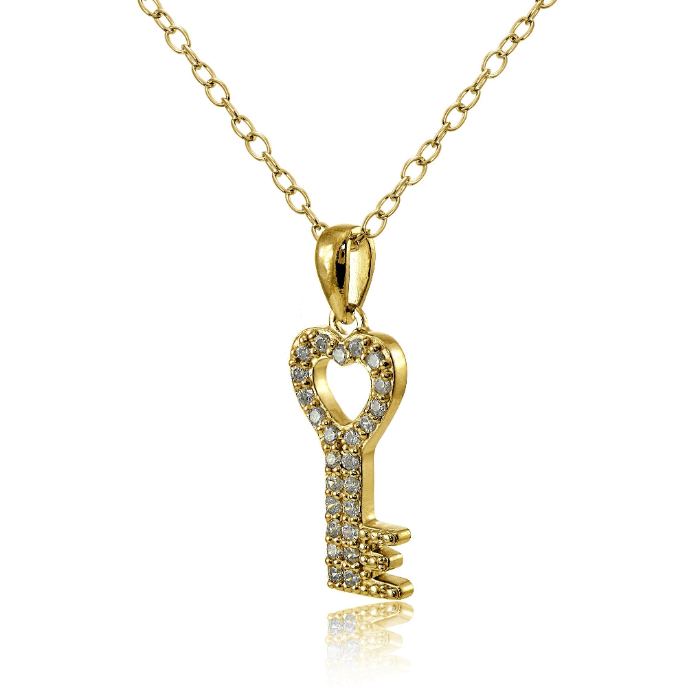 Yellow Gold Flashed Sterling Silver Cubic Zirconia Heart Key Necklace-2