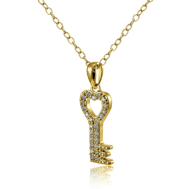 Yellow Gold Flashed Sterling Silver Cubic Zirconia Heart Key Necklace