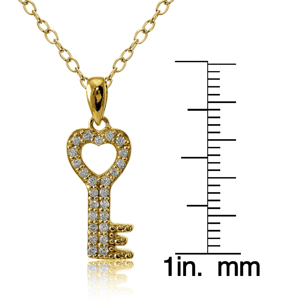 Yellow Gold Flashed Sterling Silver Cubic Zirconia Heart Key Necklace-3