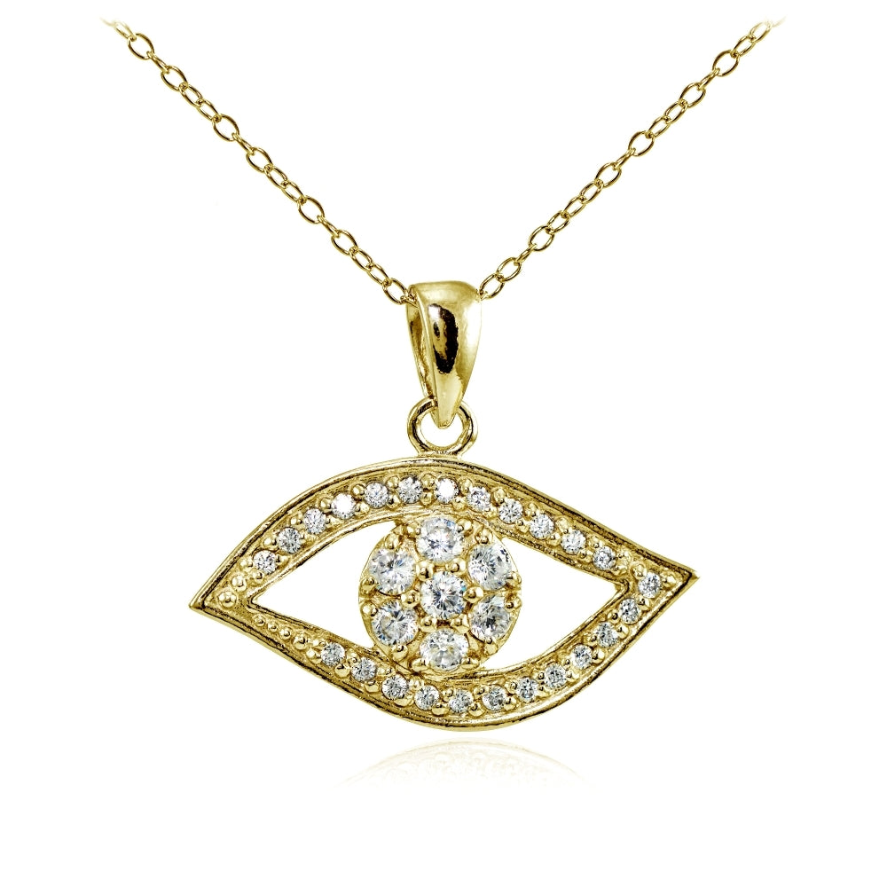Yellow Gold Flashed Sterling Silver Cubic Zirconia Evil Eye Flower Necklace