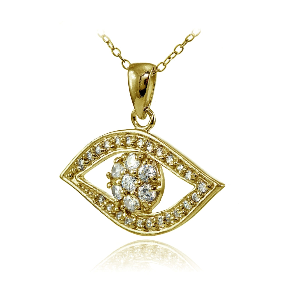 Yellow Gold Flashed Sterling Silver Cubic Zirconia Evil Eye Flower Necklace-2