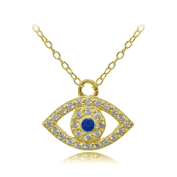 Yellow Gold Flashed Sterling Silver Cubic Zirconia and Blue Enamel Evil Eye Necklace