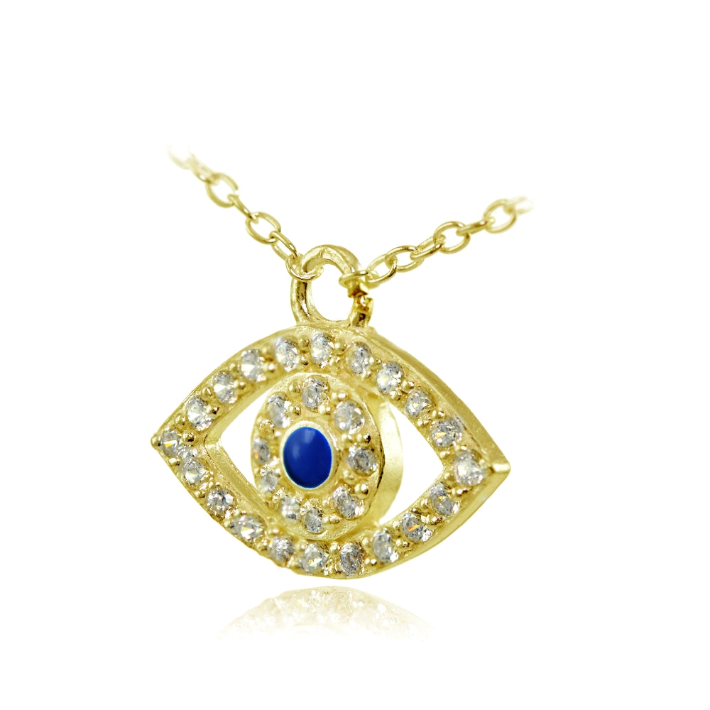 Yellow Gold Flashed Sterling Silver Cubic Zirconia and Blue Enamel Evil Eye Necklace-2