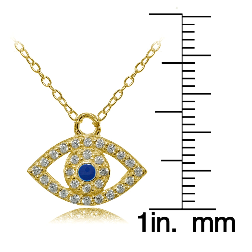 Yellow Gold Flashed Sterling Silver Cubic Zirconia and Blue Enamel Evil Eye Necklace-3