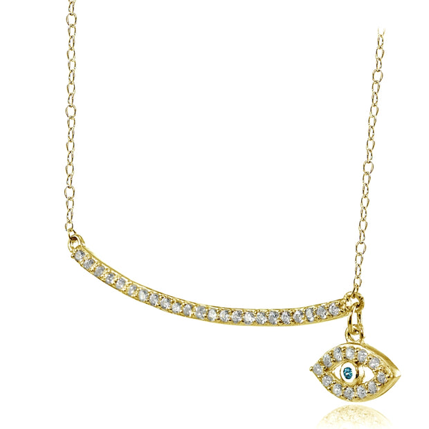 Yellow Gold Flashed Sterling Silver Aqua Cubic Zirconia Dangling Evil Eye Bar Necklace