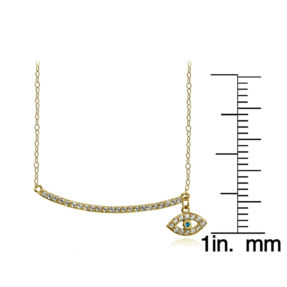 Yellow Gold Flashed Sterling Silver Aqua Cubic Zirconia Dangling Evil Eye Bar Necklace-3