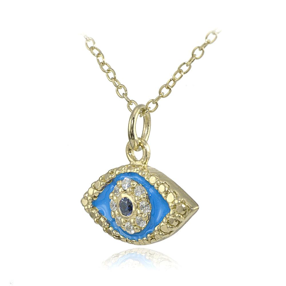 Yelllow Gold Flashed Sterling Silver Blue Cubic Zirconia and Blue  Enamel Evil Eye Necklace-2
