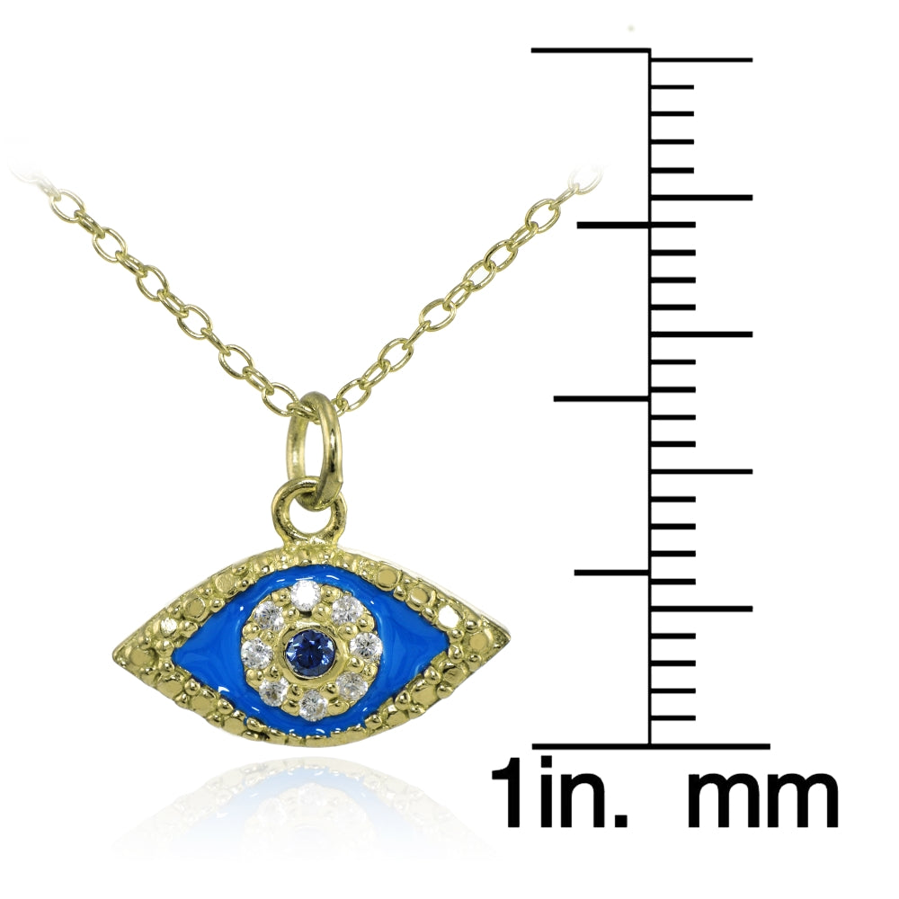 Yelllow Gold Flashed Sterling Silver Blue Cubic Zirconia and Blue  Enamel Evil Eye Necklace-3