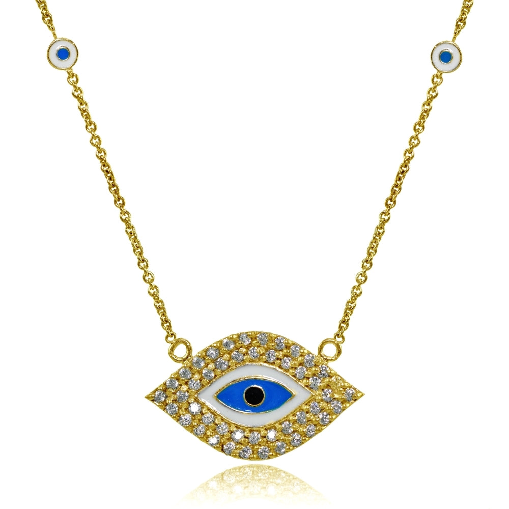 Yellow Gold Flashed Sterling Silver Cubic Zirconia and Multi Colored Enamel Evil Eye Necklace