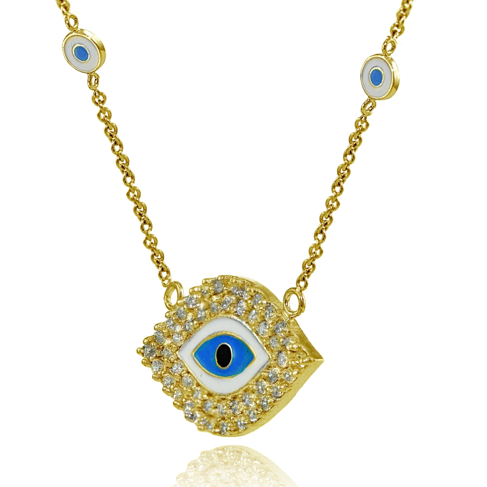 Yellow Gold Flashed Sterling Silver Cubic Zirconia and Multi Colored Enamel Evil Eye Necklace-2