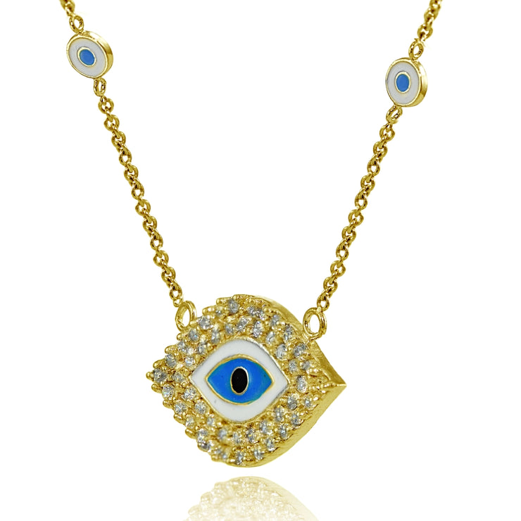 Yellow Gold Flashed Sterling Silver Cubic Zirconia and Multi Colored Enamel Evil Eye Necklace