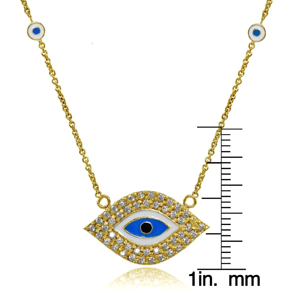 Yellow Gold Flashed Sterling Silver Cubic Zirconia and Multi Colored Enamel Evil Eye Necklace-3
