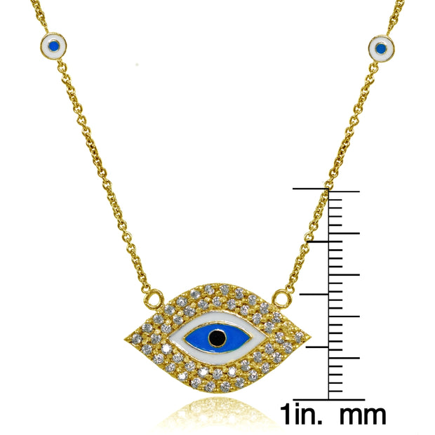 Yellow Gold Flashed Sterling Silver Cubic Zirconia and Multi Colored Enamel Evil Eye Necklace
