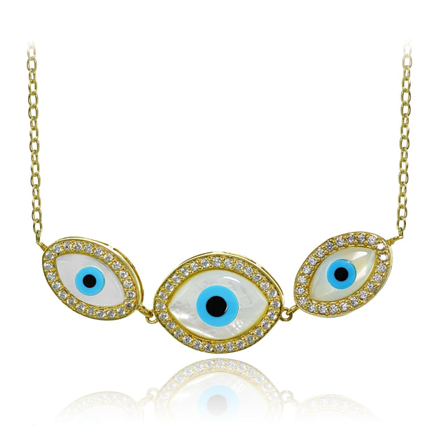 Yellow Gold Flashed Sterling Silver Cubic Zirconia Triple Evil Eye Necklace