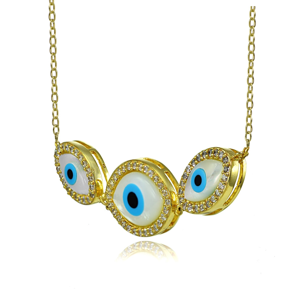Yellow Gold Flashed Sterling Silver Cubic Zirconia Triple Evil Eye Necklace-2