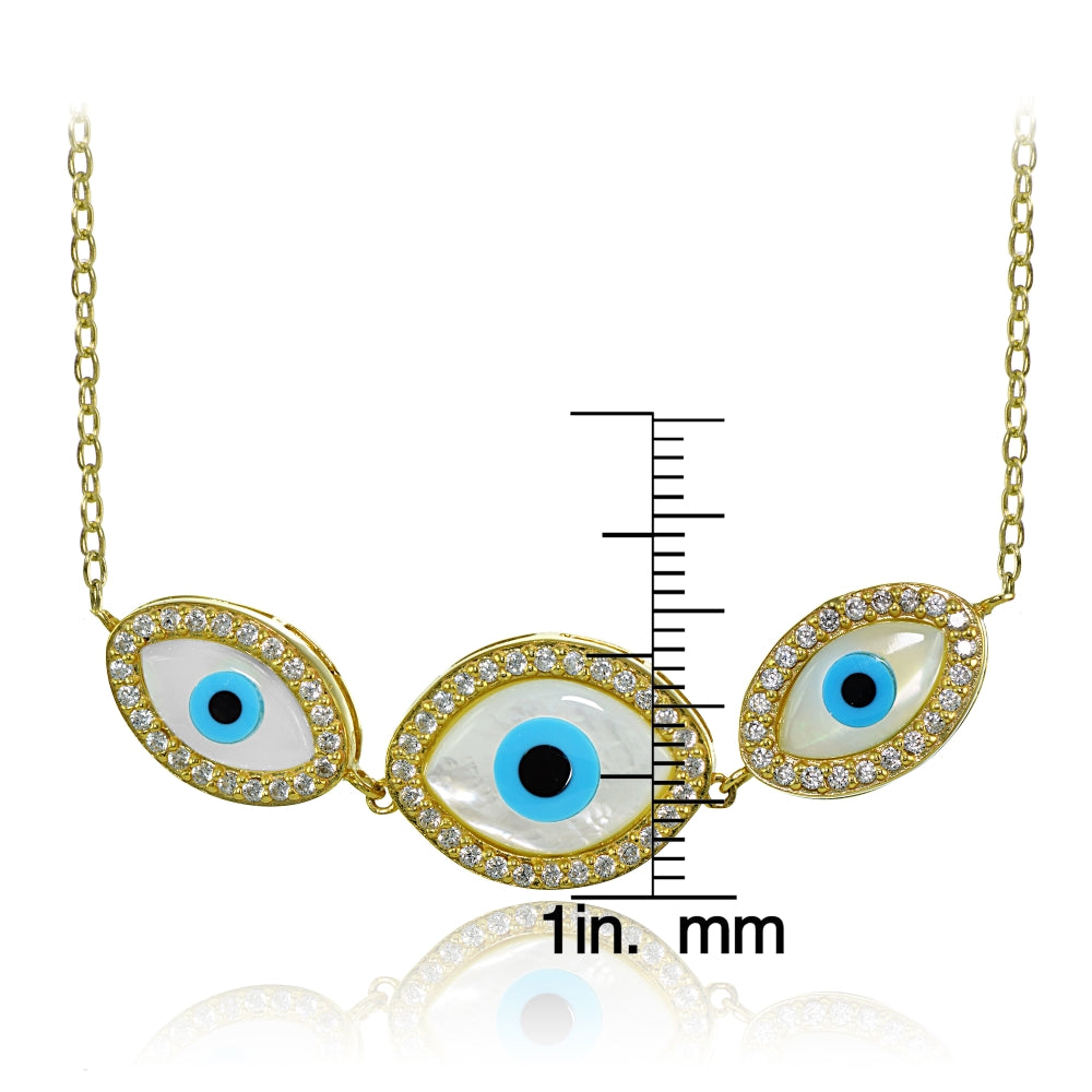 Yellow Gold Flashed Sterling Silver Cubic Zirconia Triple Evil Eye Necklace-3