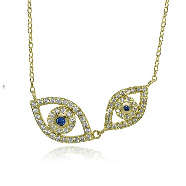 Yellow Gold Flashed Silver Cubic Zirconia and Created Blue Sapphire Double Evil Eye Necklace