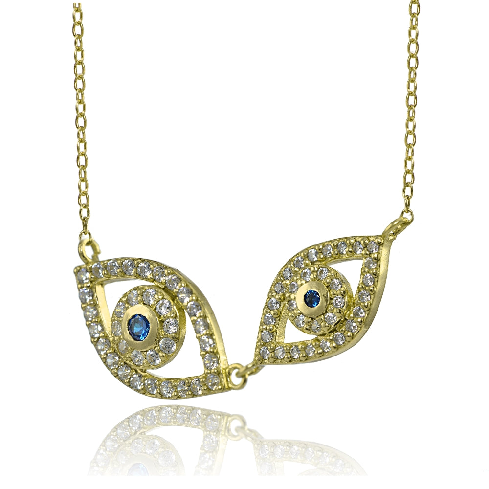 Yellow Gold Flashed Silver Cubic Zirconia and Created Blue Sapphire Double Evil Eye Necklace-2
