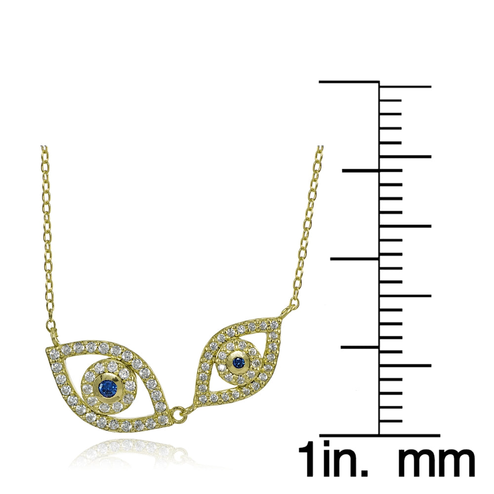 Yellow Gold Flashed Silver Cubic Zirconia and Created Blue Sapphire Double Evil Eye Necklace-3