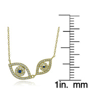 Yellow Gold Flashed Silver Cubic Zirconia and Created Blue Sapphire Double Evil Eye Necklace
