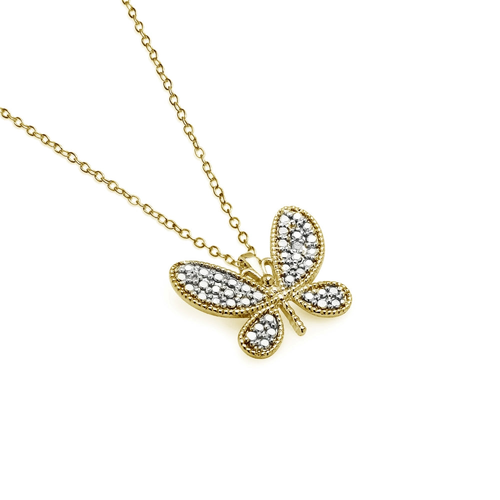 Yellow Gold Flashed Sterling Silver Butterfly Diamond Accent Pendant Necklace, JK-I3-2
