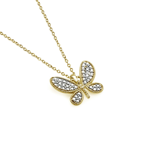 Yellow Gold Flashed Sterling Silver Butterfly Diamond Accent Pendant Necklace, JK-I3