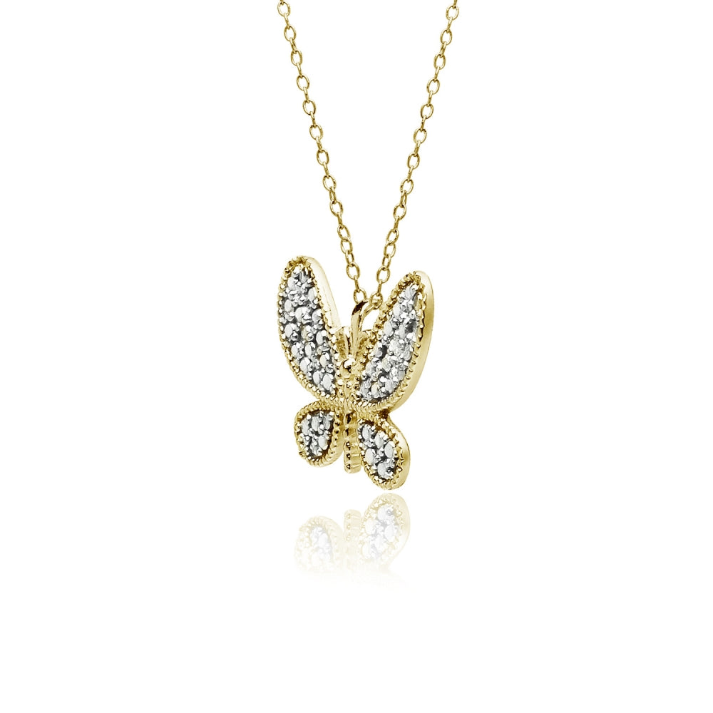 Yellow Gold Flashed Sterling Silver Butterfly Diamond Accent Pendant Necklace, JK-I3-3