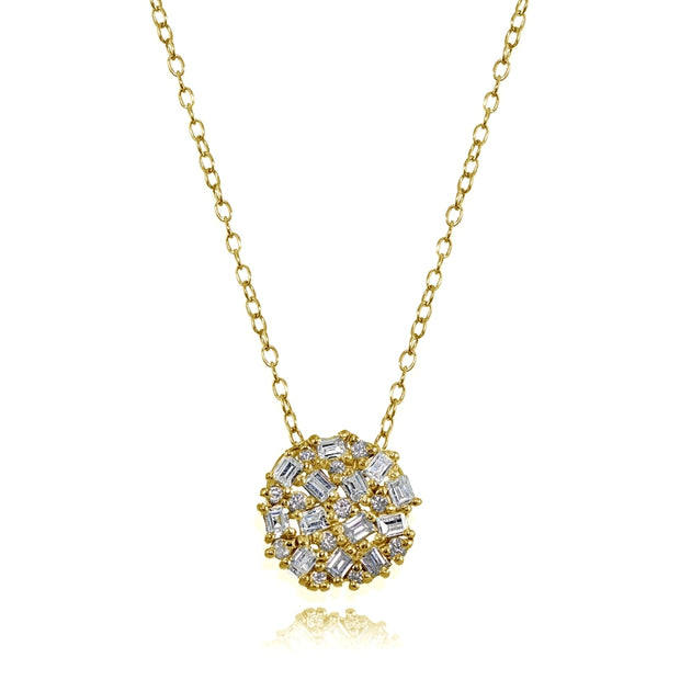 Yellow Gold Flashed Sterling Silver Baguette and Round-Cut Cubic Zirconia Cluster Round Circle Necklace