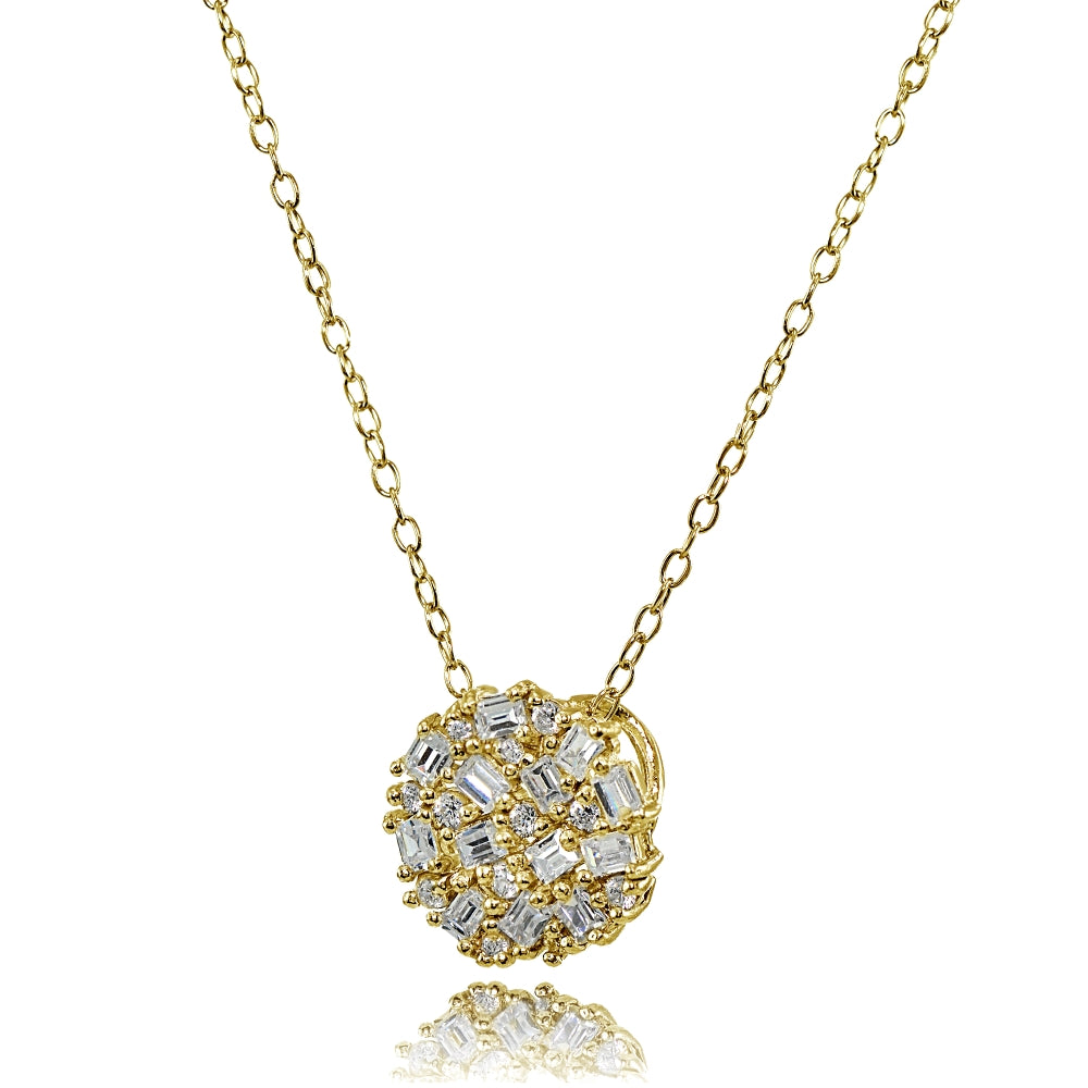 Yellow Gold Flashed Sterling Silver Baguette and Round-Cut Cubic Zirconia Cluster Round Circle Necklace-2