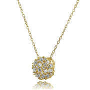 Yellow Gold Flashed Sterling Silver Baguette and Round-Cut Cubic Zirconia Cluster Round Circle Necklace