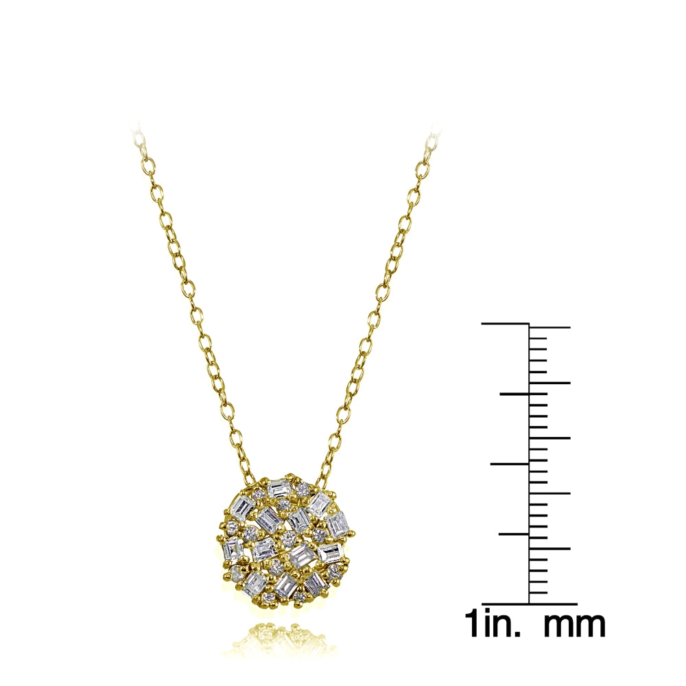 Yellow Gold Flashed Sterling Silver Baguette and Round-Cut Cubic Zirconia Cluster Round Circle Necklace-3
