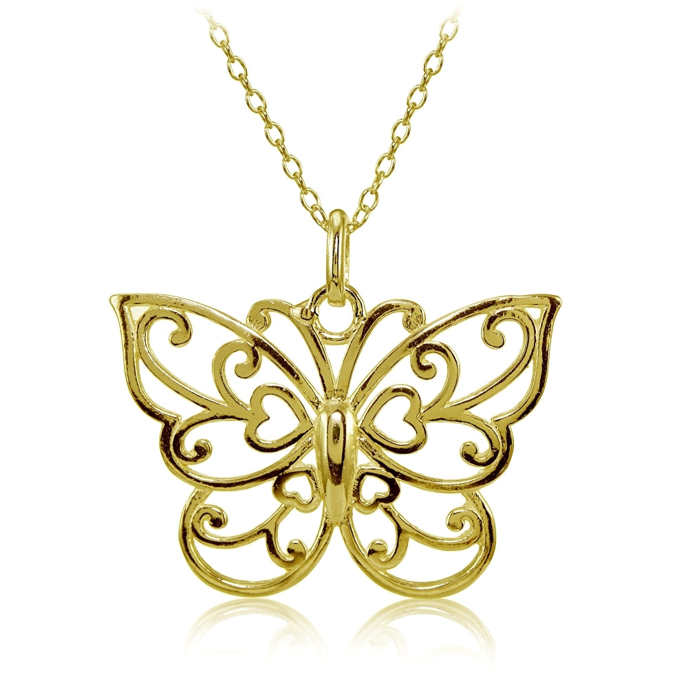 Yellow Gold Flashed Sterling Silver High Polished Filigree Butterfly Necklace