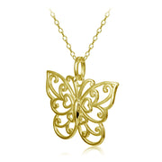 Yellow Gold Flashed Sterling Silver High Polished Filigree Butterfly Necklace