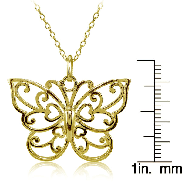 Yellow Gold Flashed Sterling Silver High Polished Filigree Butterfly Necklace