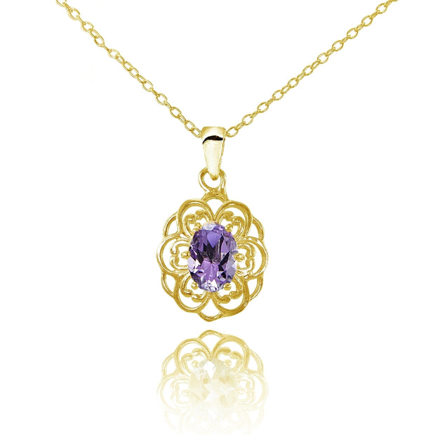 Yellow Gold Flashed Sterling Silver Amethyst Oval Filigree Flower Necklace