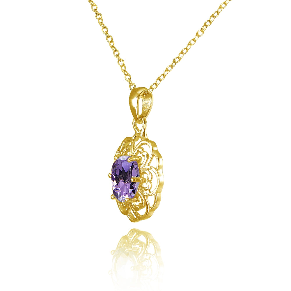 Yellow Gold Flashed Sterling Silver Amethyst Oval Filigree Flower Necklace-2