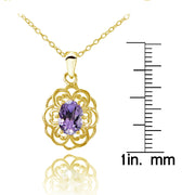 Yellow Gold Flashed Sterling Silver Amethyst Oval Filigree Flower Necklace