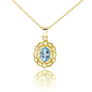 Yellow Gold Flashed Sterling Silver Blue Topaz Oval Filigree Flower Necklace