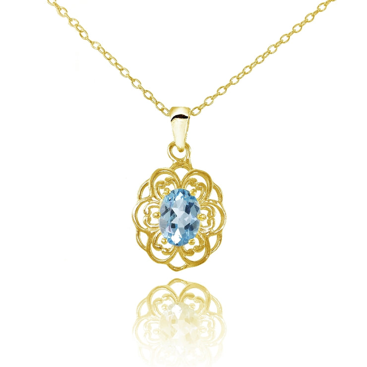 Yellow Gold Flashed Sterling Silver Blue Topaz Oval Filigree Flower Necklace
