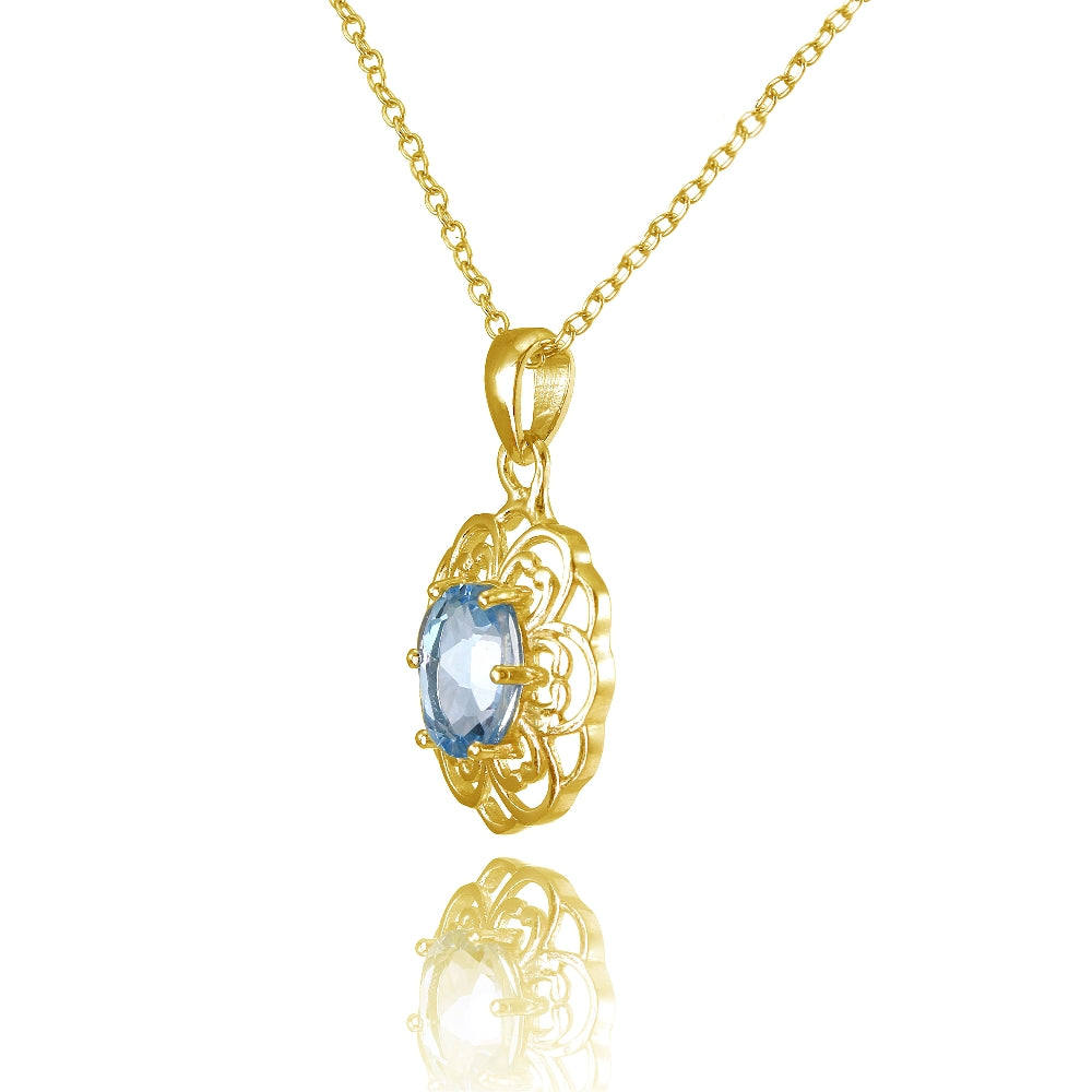 Yellow Gold Flashed Sterling Silver Blue Topaz Oval Filigree Flower Necklace-2