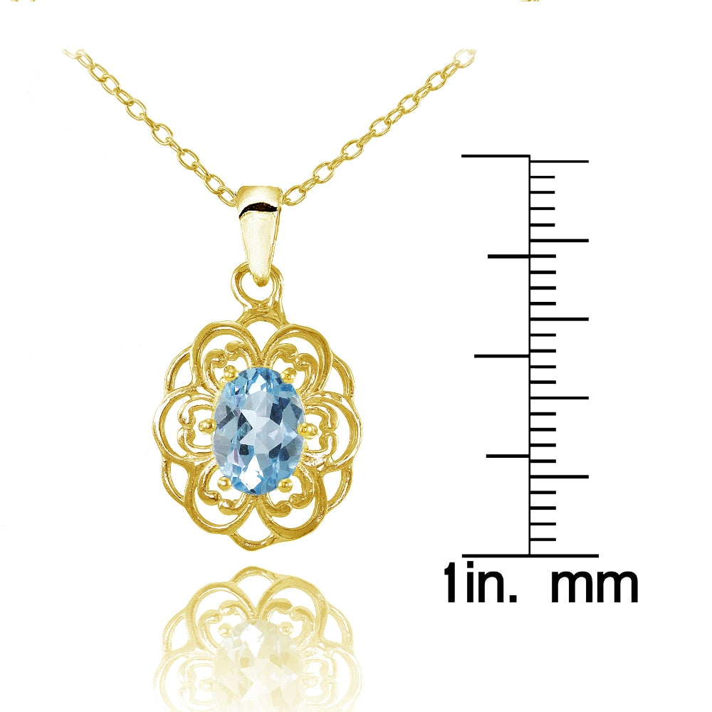 Yellow Gold Flashed Sterling Silver Blue Topaz Oval Filigree Flower Necklace-3