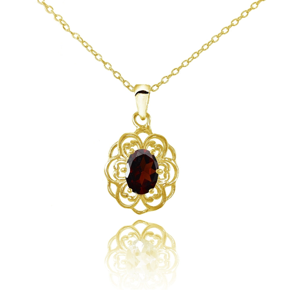 Yellow Gold Flashed Sterling Silver Garnet Filigree Oval Flower Necklace