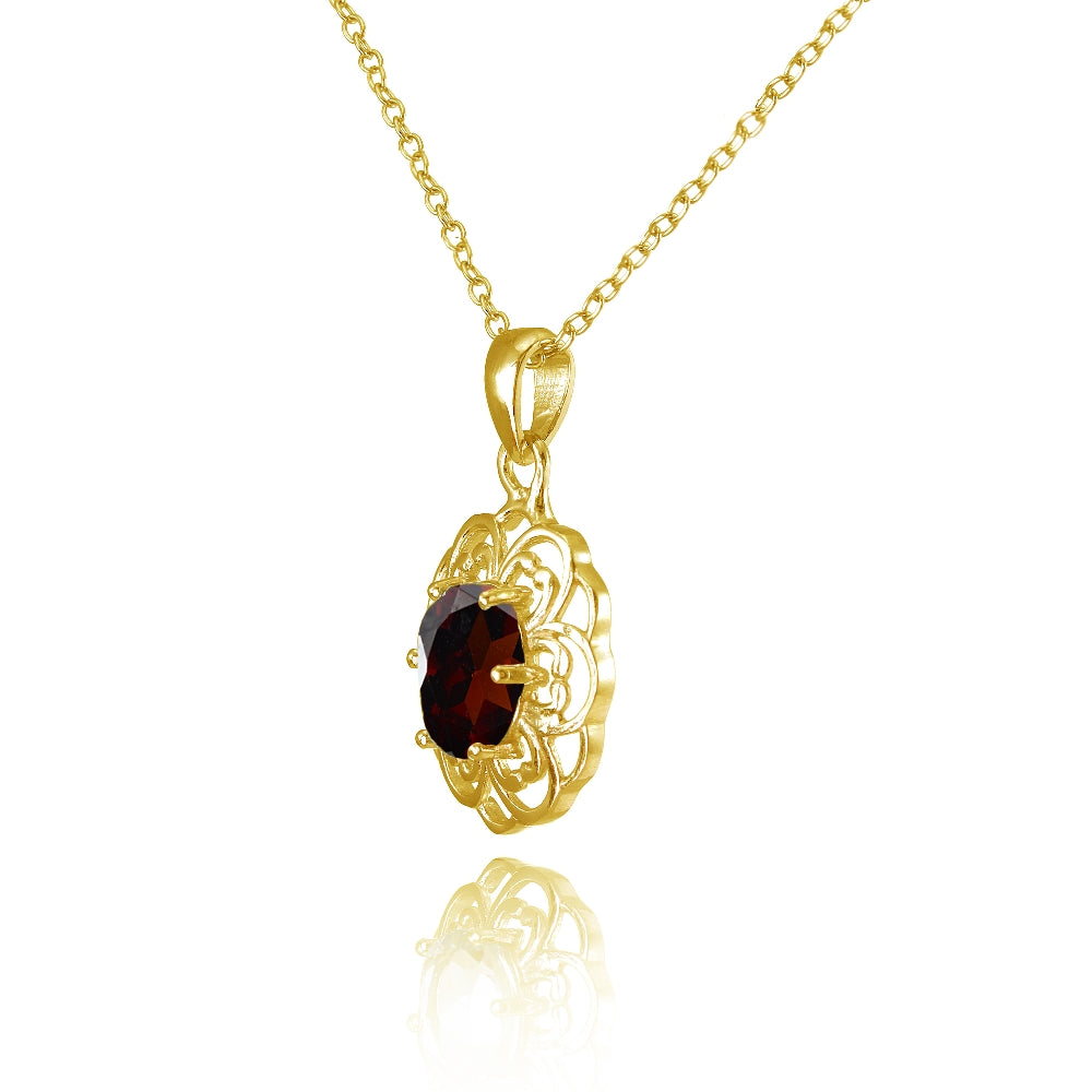Yellow Gold Flashed Sterling Silver Garnet Filigree Oval Flower Necklace-2