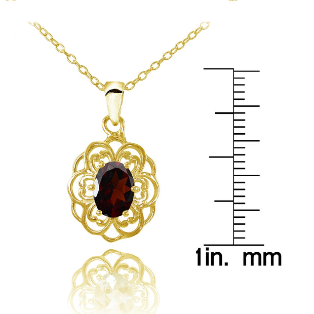 Yellow Gold Flashed Sterling Silver Garnet Filigree Oval Flower Necklace