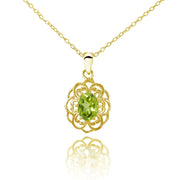Yellow Gold Flashed Sterling Silver Peridot Filigree Oval Flower Necklace