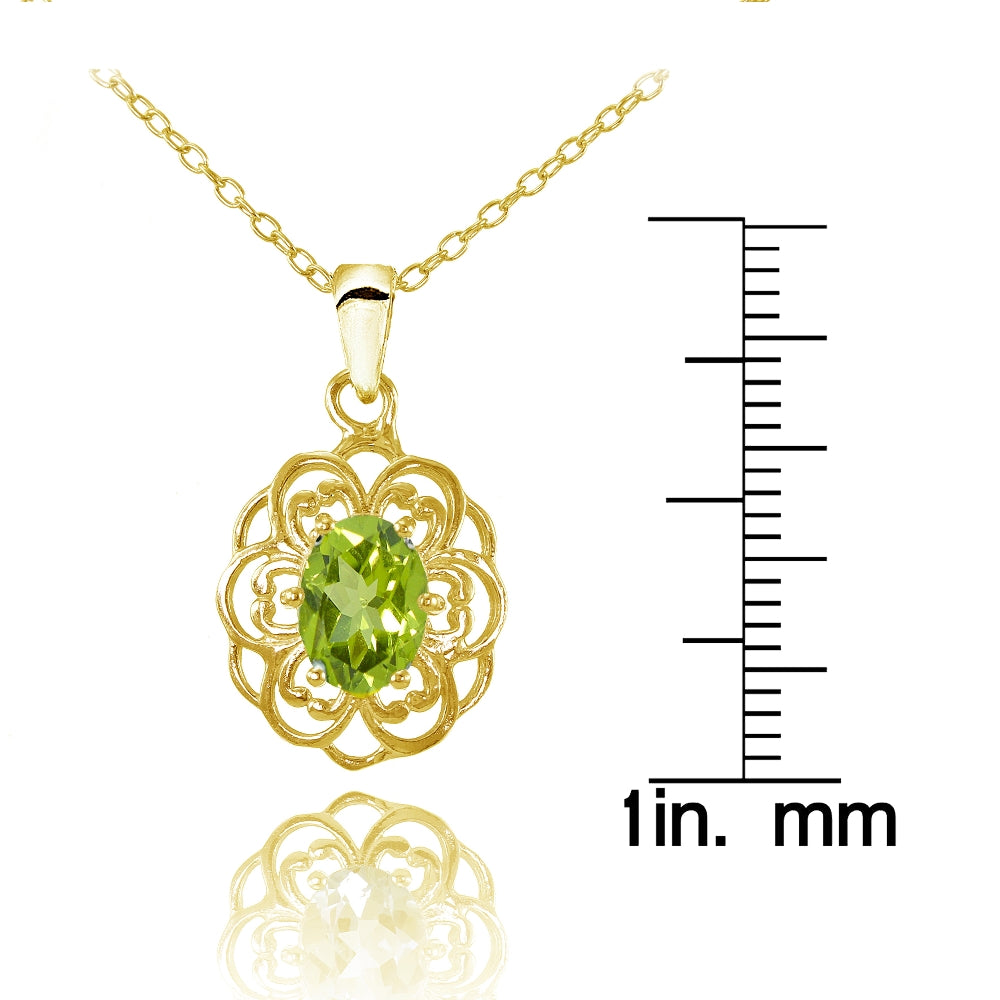 Yellow Gold Flashed Sterling Silver Peridot Filigree Oval Flower Necklace-3