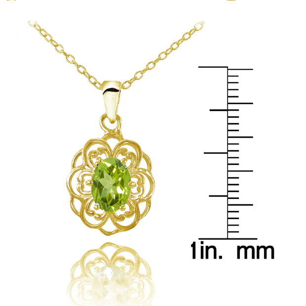 Yellow Gold Flashed Sterling Silver Peridot Filigree Oval Flower Necklace