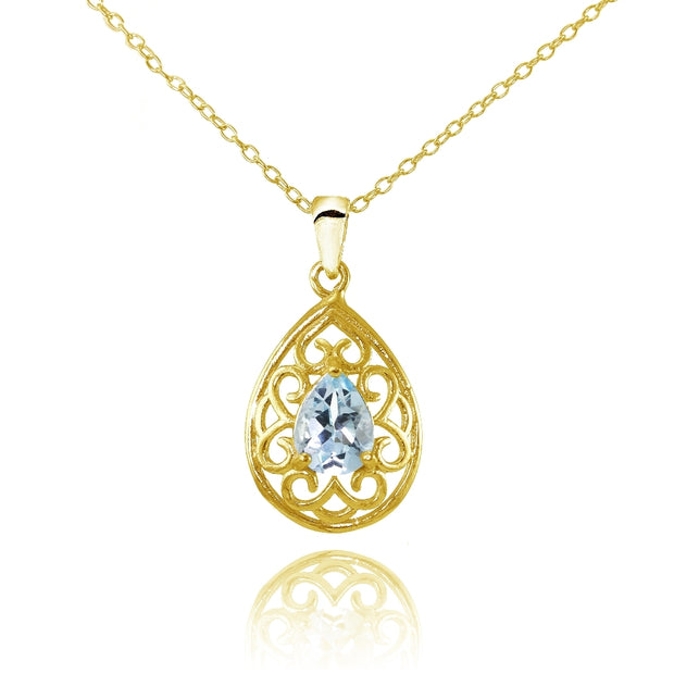 Yellow Gold Flashed Sterling Silver Blue Topaz Filigree Teardrop Necklace